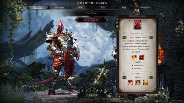 Divinity: Original Sin 2 screenshot showing The Red Prince in the character creation menu with detailed background and attributes.