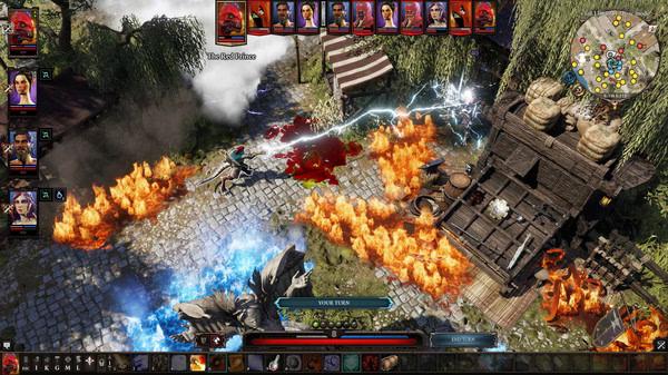 Screenshot of Divinity: Original Sin 2 showing a battle scene with fire and electricity effects in a village setting.