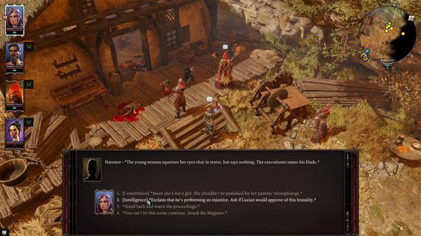 Screenshot from Divinity: Original Sin 2 showing characters engaged in dialogue near a wooden platform with an executioner.