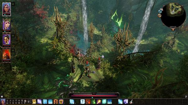 Divinity: Original Sin 2 screenshot showing four adventurers exploring a lush, green forest with magical glowing plants and waterfalls.