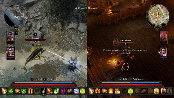 Split-screen screenshot from Divinity: Original Sin 2 showing a shark in combat on the left and dialogue with Ava Winter indoors on the right.