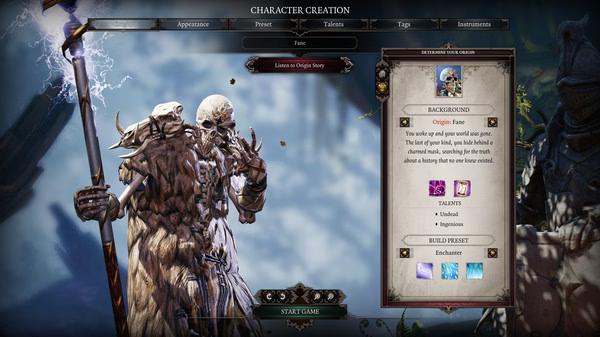 Screenshot from Divinity: Original Sin 2 showing Fane, an undead character, in the character creation menu with his background details.