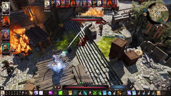 Divinity: Original Sin 2 screenshot showing a battle scene with characters casting spells on cobblestone streets.
