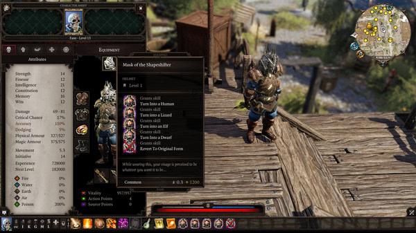 Divinity: Original Sin 2 screenshot showing a character wearing armor, standing outdoors on a wooden platform with inventory menu open.
