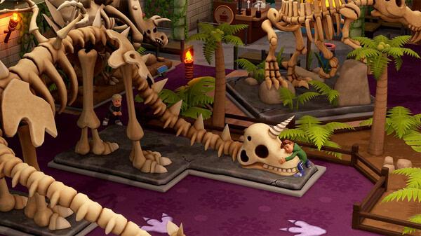 Two Point Museum screenshot: A colorful dinosaur exhibit with skeletons, plants, and visitors exploring the museum's displays.