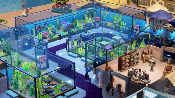 Two Point Museum screenshot: An aquarium exhibit with colorful underwater plants, tanks, and visitors exploring the museum.