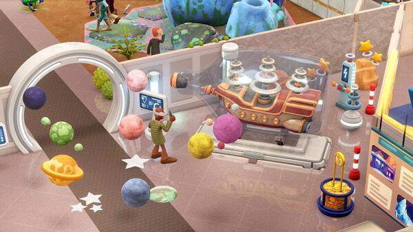Screenshot from Two Point Museum showing a visitor photographing a futuristic spaceship exhibit surrounded by colorful planets.