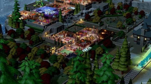 Screenshot from Two Point Museum showing a vibrant museum complex surrounded by trees, with exhibits and visitors visible.