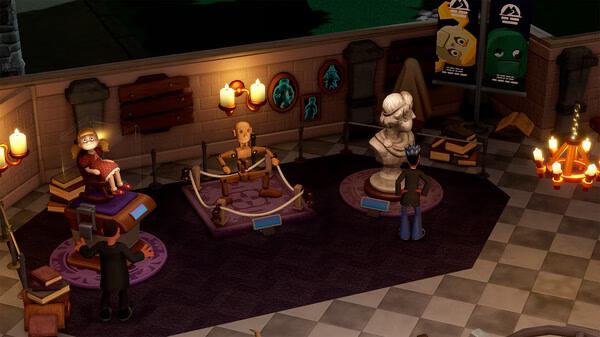 Screenshot from Two Point Museum showing a gallery with sculptures, paintings, and visitors observing the exhibits.