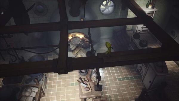 Screenshot from Little Nightmares showing a small figure in a yellow raincoat walking across a beam in a kitchen scene.