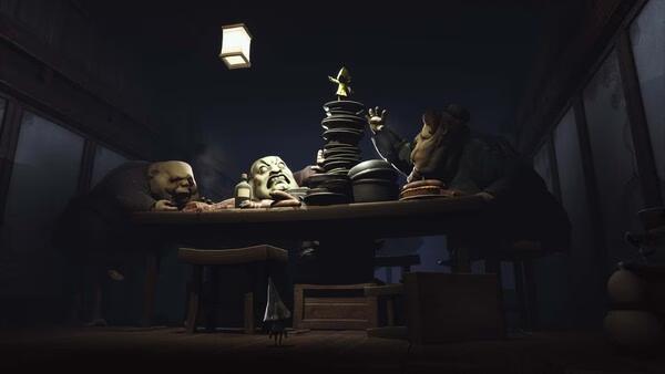 Little Nightmares screenshot: A small figure stands atop stacked plates on a dining table surrounded by large, eerie figures.