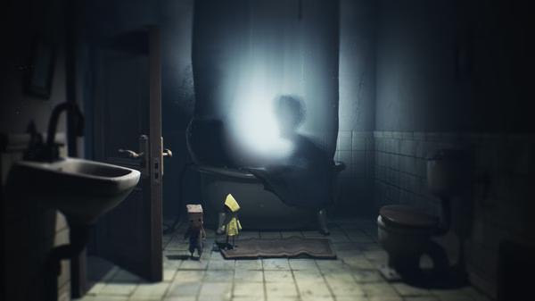 Screenshot of Little Nightmares II showing two characters in a dimly lit bathroom with a glowing figure in the bathtub.