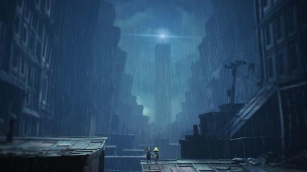 Screenshot from Little Nightmares II shows two small figures standing on a rooftop in a dark, rainy cityscape.