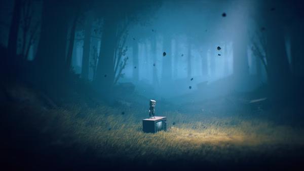 Screenshot of Little Nightmares II showing a small character standing on a wooden box in a misty forest with debris floating around.