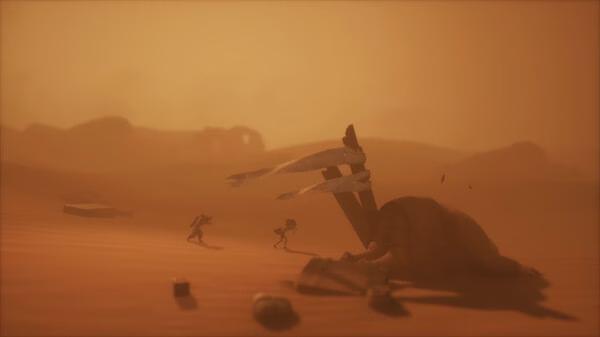 Screenshot from Little Nightmares III showing two characters navigating a desolate, sandy landscape with scattered debris.