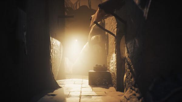 A screenshot from Little Nightmares III showing a dimly lit corridor with eerie shadows and mysterious objects in the foreground.