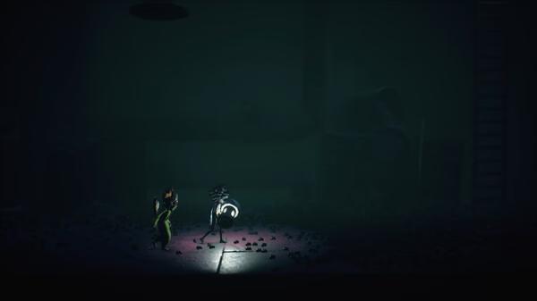 Little Nightmares III screenshot: Two characters explore a dark, eerie environment illuminated by a small light source.