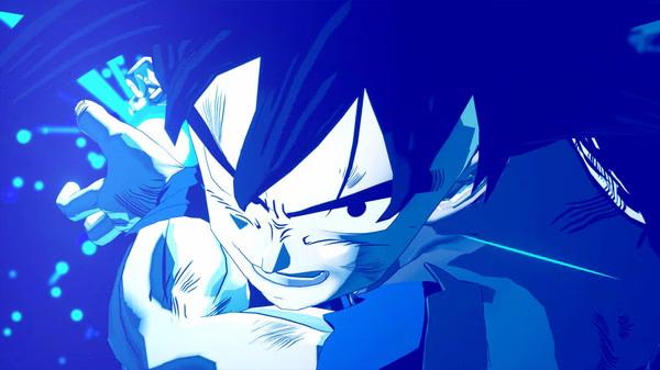 Screenshot from DRAGON BALL Z: KAKAROT showing Goku charging an energy attack, surrounded by a glowing blue aura.