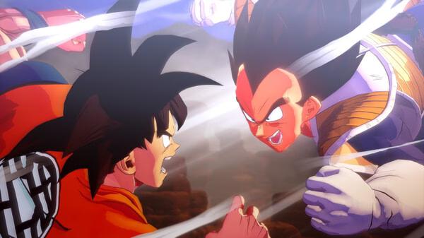 Screenshot from DRAGON BALL Z: KAKAROT showing two characters, one in orange and another in armor, engaged in a dynamic battle scene.