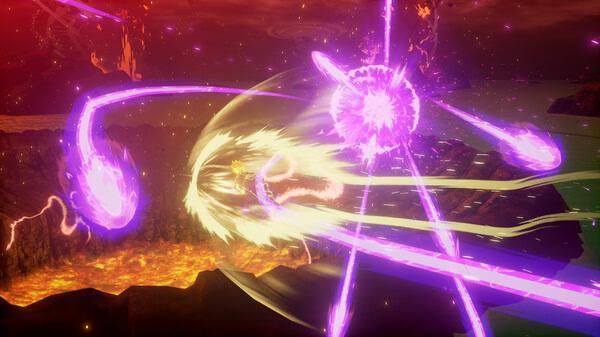 Screenshot from DRAGON BALL Z: KAKAROT showing a dynamic battle scene with energy blasts and a character flying towards the attack.