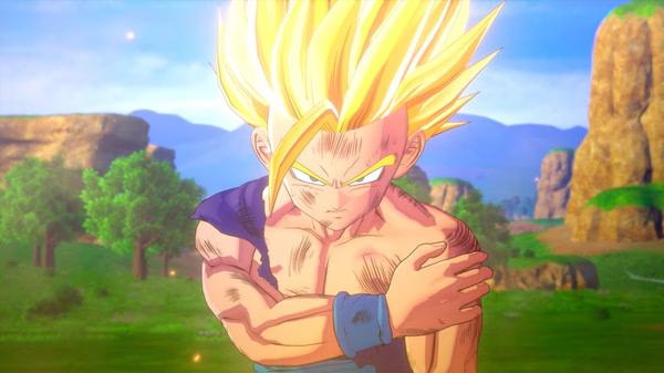 Screenshot of DRAGON BALL Z: KAKAROT showing a character with glowing hair holding their shoulder, set against a mountainous landscape.