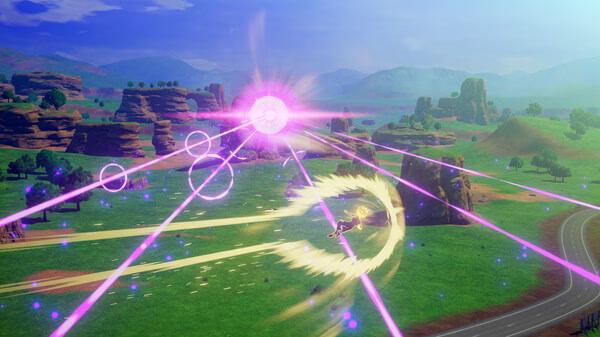 DRAGON BALL Z: KAKAROT screenshot showing a dynamic energy attack in a grassy, open battlefield with rocky formations in the distance.