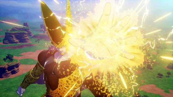 Screenshot from DRAGON BALL Z: KAKAROT showing a character with glowing energy, ready to unleash a powerful attack in a rocky landscape.
