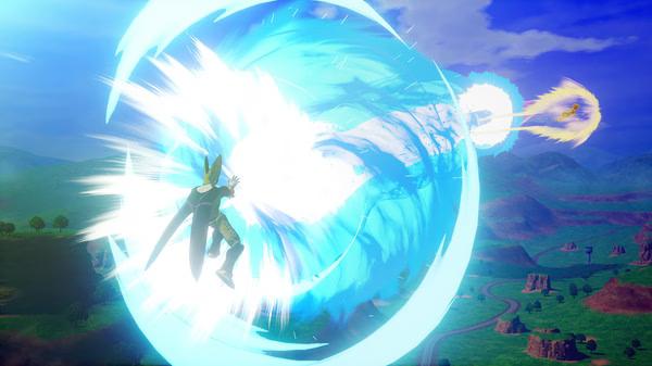 Screenshot of DRAGON BALL Z: KAKAROT shows a character launching a powerful energy attack with a vibrant blue aura in a lush landscape.