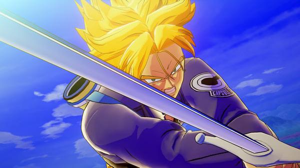 Screenshot from DRAGON BALL Z: KAKAROT showing a character with blonde hair wielding a sword against a blue sky backdrop.