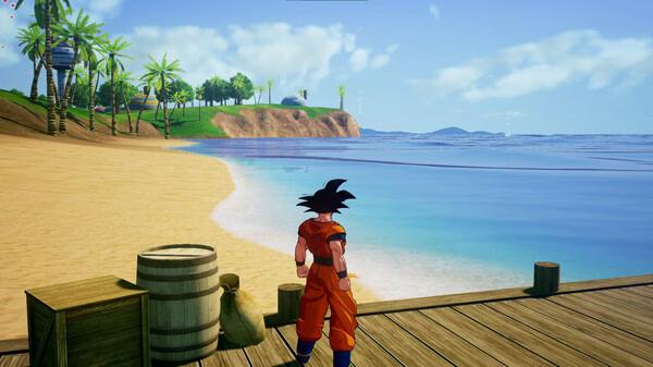 Screenshot from DRAGON BALL Z: KAKAROT showing a character in an orange outfit standing on a wooden pier by a tropical beach.