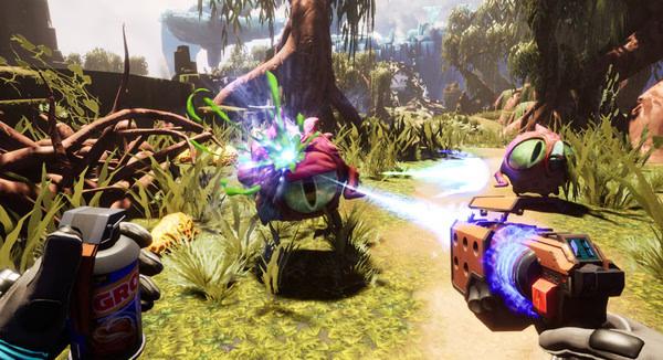 Screenshot from Journey To The Savage Planet showing a player confronting alien creatures in a vibrant, lush environment with a laser weapon.