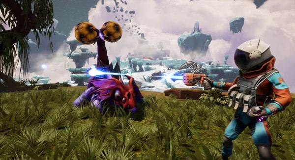 Screenshot from Journey To The Savage Planet: a player aims a weapon at a colorful alien creature in a lush, floating landscape.