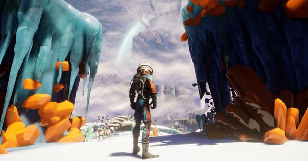 Screenshot from Journey To The Savage Planet showing a suited explorer amid vibrant alien landscapes with icy cliffs and orange crystals.