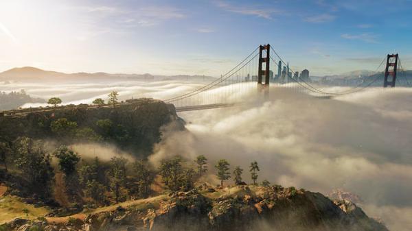 Watch_Dogs® 2 screenshot showing San Francisco's Golden Gate Bridge surrounded by fog and a scenic hillside in the foreground.