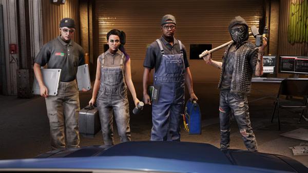 Watch_Dogs® 2 screenshot: Four characters in a garage, one holding a sledgehammer, others with tools, facing a blue car.