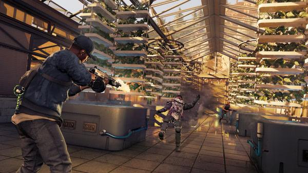 Watch_Dogs® 2 screenshot: A hacker in a greenhouse aims a weapon at fleeing enemies among tall stacks of plants and equipment.