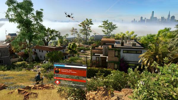 Watch_Dogs® 2 screenshot: A drone flies over a lush neighborhood with a city skyline in the background.