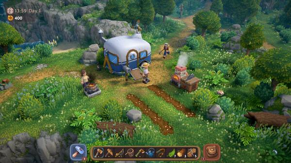 Screenshot from Luma Island game showing characters tending a camp with a tent, cooking area, and lush greenery around.