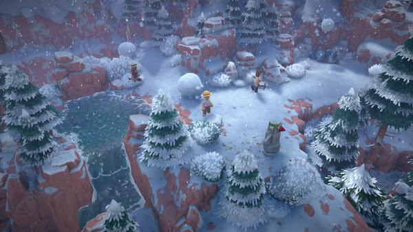 Screenshot of Luma Island game showing characters exploring a snowy landscape with pine trees and a frozen pond.