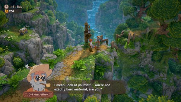 Screenshot from Luma Island showing a character talking to Old Man Jeffrey amidst lush greenery and waterfalls.