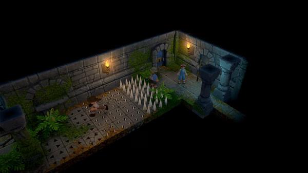 Screenshot from Luma Island showing two characters navigating a stone dungeon with spike traps and torches illuminating the path.
