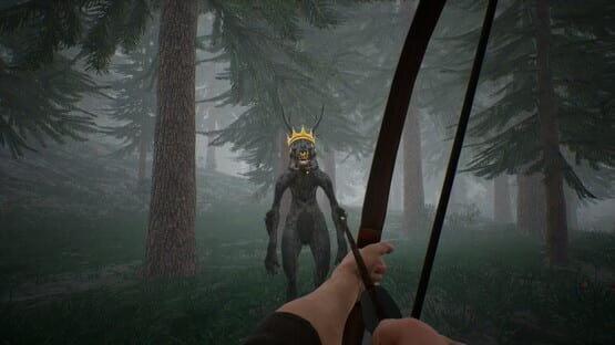 Screenshot of Bunny Hurling game showing a player aiming a bow at a creature wearing a crown in a misty forest setting.