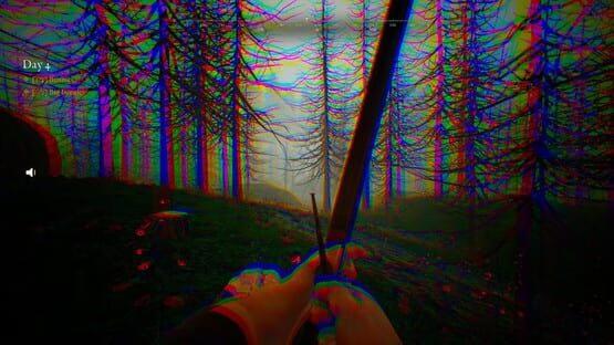 Screenshot from Bunny Hurling: Player aims a bow in a forest filled with tall, thin trees under a dim, foggy sky.