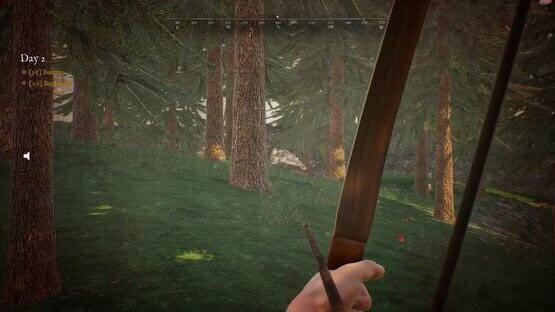 Screenshot from Bunny Hurling game showing a hand holding a bow in a forested area, aiming at distant trees on Day 2.