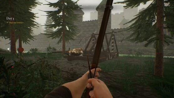 A screenshot from Bunny Hurling showing a player aiming at a catapult loaded with a bunny, set near a castle surrounded by trees.