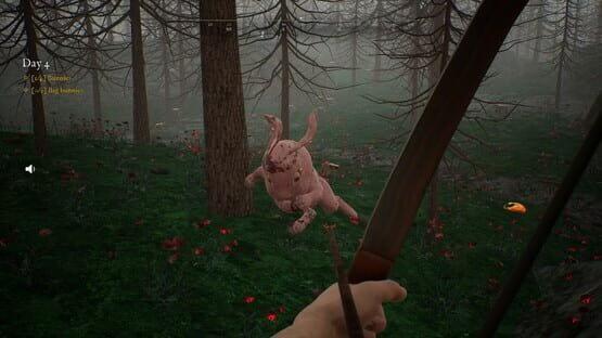 Bunny Hurling screenshot: A player aims a bow at a large, pink bunny in a foggy forest with scattered red flowers.