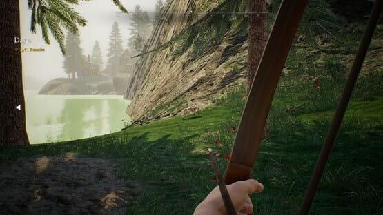 Bunny Hurling screenshot: A hand holding a bow, aiming at a tranquil forest scene by a lake with trees and rocks.