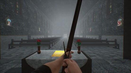 Screenshot from Bunny Hurling: A player aims an arrow inside a dimly lit church with stone walls and stained glass windows.