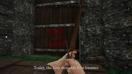 Screenshot of Bunny Hurling game. A player aims a bow at a wooden door with "5 Days to the Banquet" written on it.