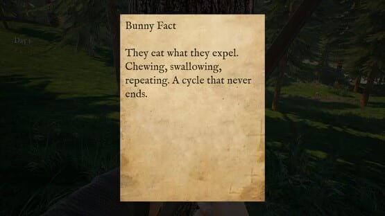 Screenshot from Bunny Hurling shows a tree with a note titled "Bunny Fact" about endless eating cycles.